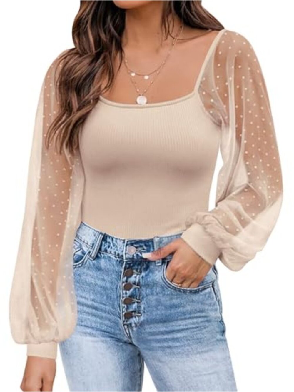 Womens Mesh Swiss Dot Puff Long Sleeve Ribbed Tshirt Scoop Neck Blouse
